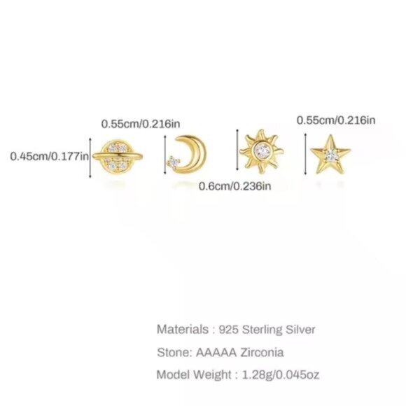 Bundle of 4! Stud Earring Set Celestial Gold CZ Star Moon Sun Planet Stacked Ear - Picture 4 of 6